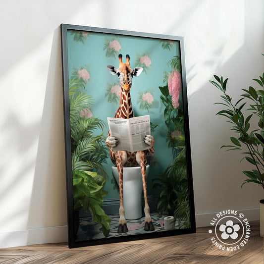 A giraffe sitting on a toilet and reading a newspaper, surrounded by plants and flowers, in a framed artwork.