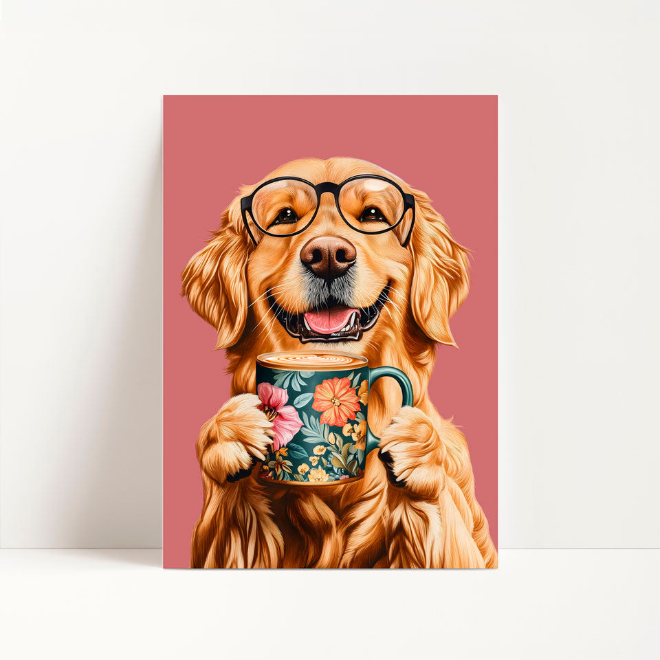a painting of a dog wearing glasses holding a coffee cup