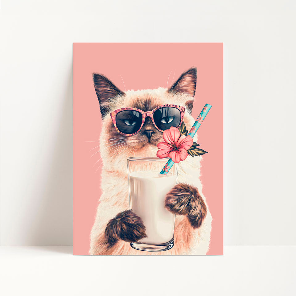 a card with a cat wearing sunglasses and holding a drink