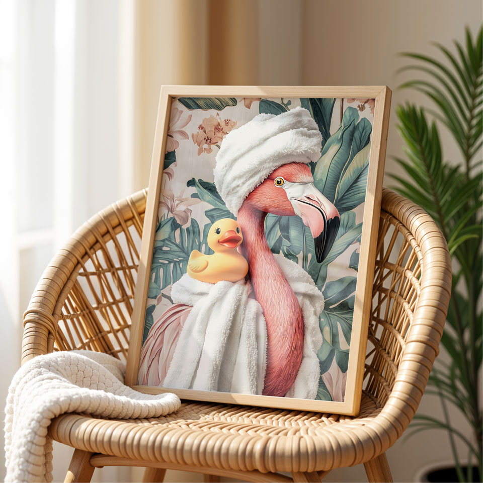 a painting of a flamingo and a duck in a bathrobe