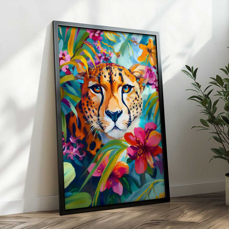 a painting of a cheetah surrounded by flowers