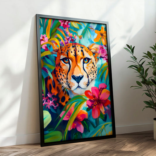 a painting of a cheetah surrounded by flowers