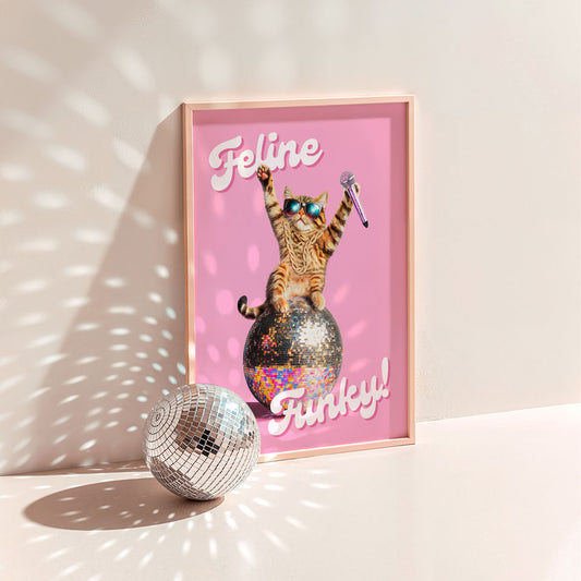 a picture of a cat with a disco ball in front of it