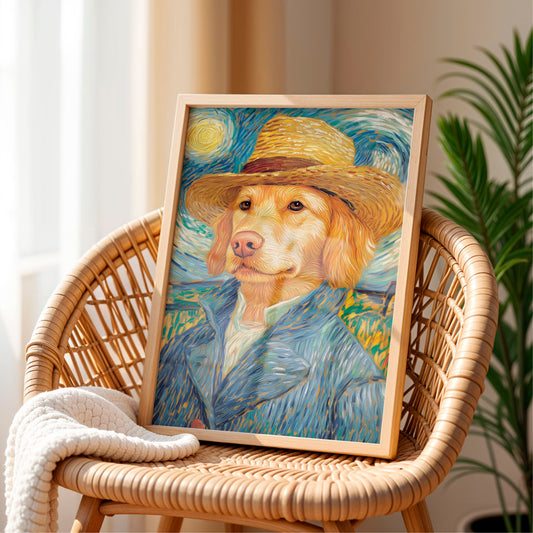 a painting of a dog wearing a straw hat