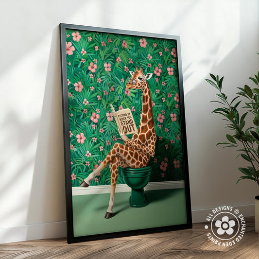 A giraffe sitting on a green toilet in a room with a floral wall behind it.