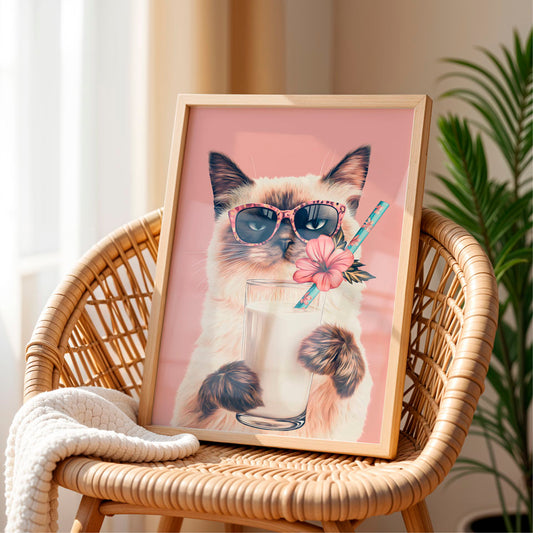 a picture of a cat wearing sunglasses and holding a drink