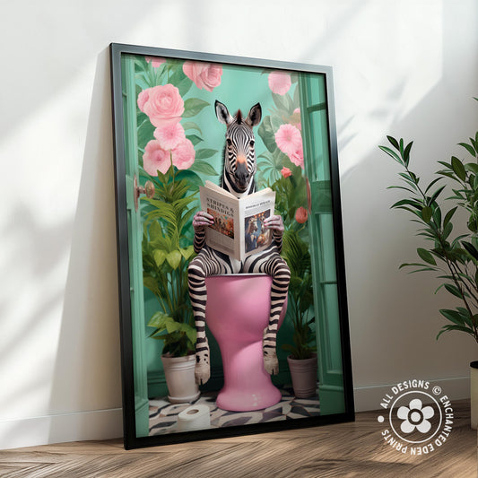 A zebra is sitting on a pink stool and reading a book, surrounded by pink flowers and green plants, in a framed artwork displayed on a wall.