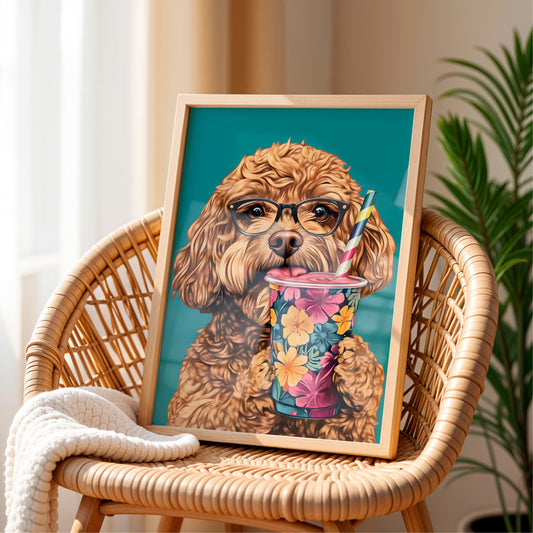 a picture of a dog with glasses holding a drink