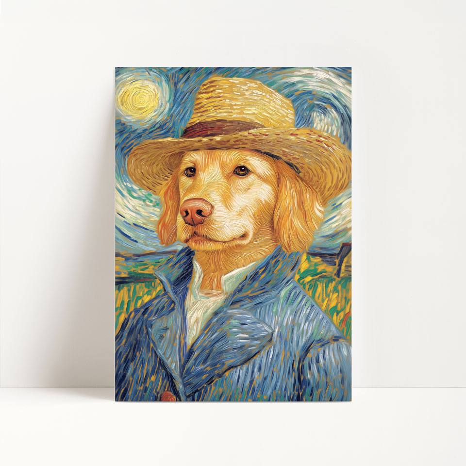 a painting of a dog wearing a hat