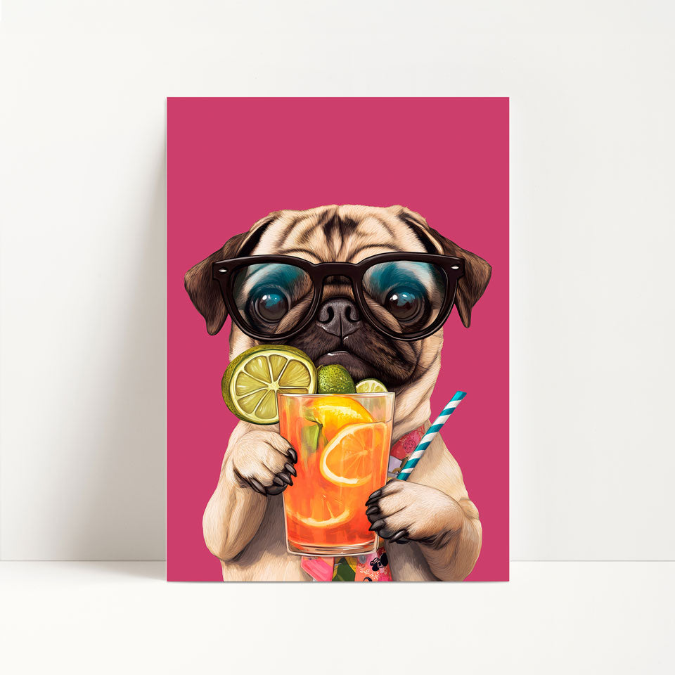 Pug Drinking Cocktail Print