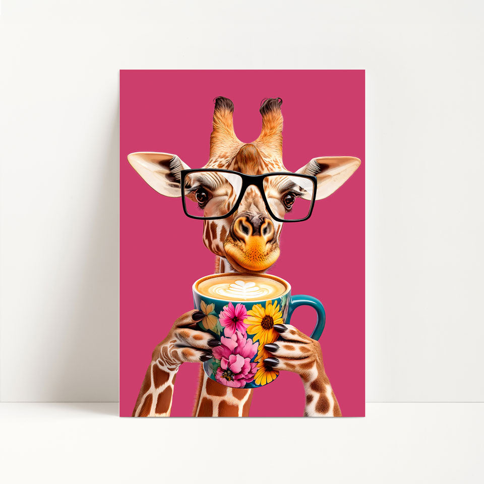 Giraffe Drinking Coffee Kitchen Print