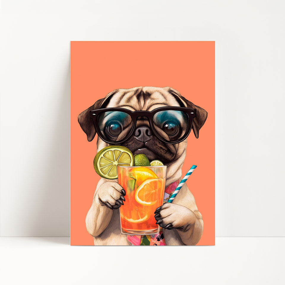 Pug Drinking Cocktail Print