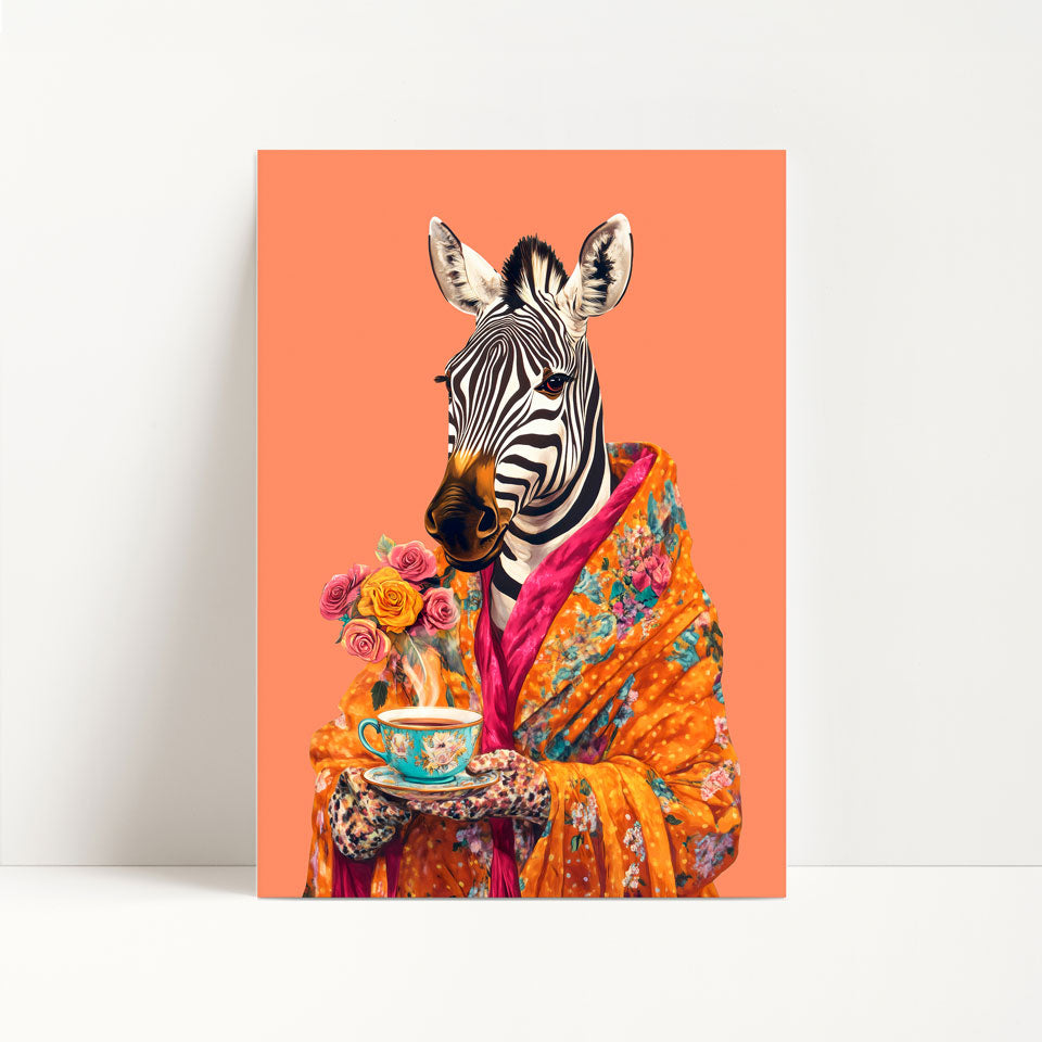 Zebra Drinking Tea Print