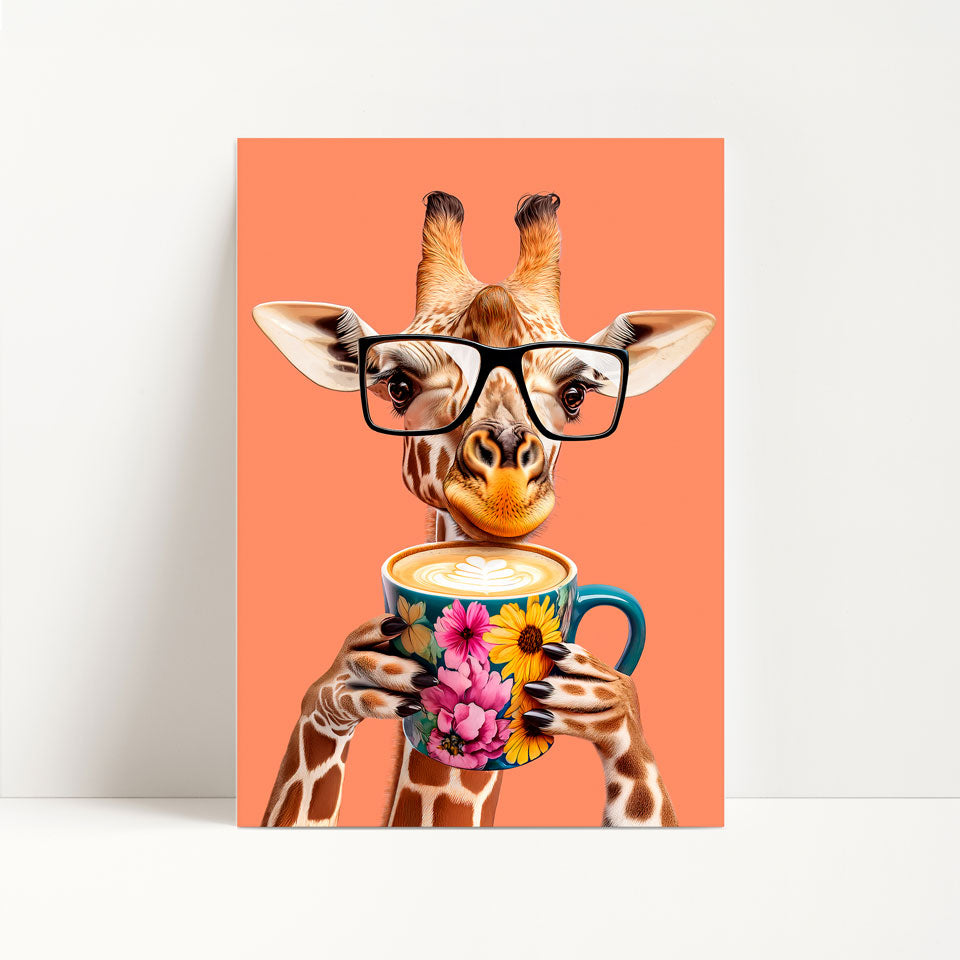 Giraffe Drinking Coffee Kitchen Print