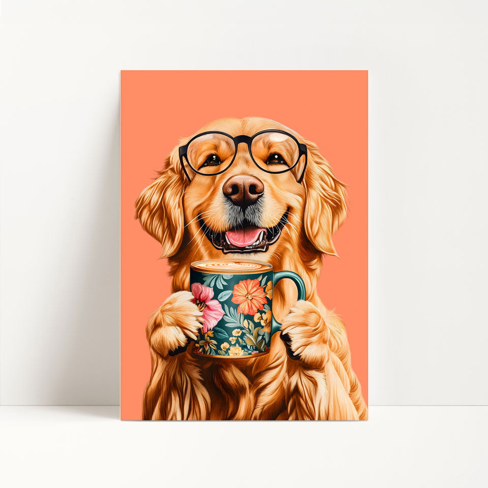 Golden Retriever Drinking Coffee Print