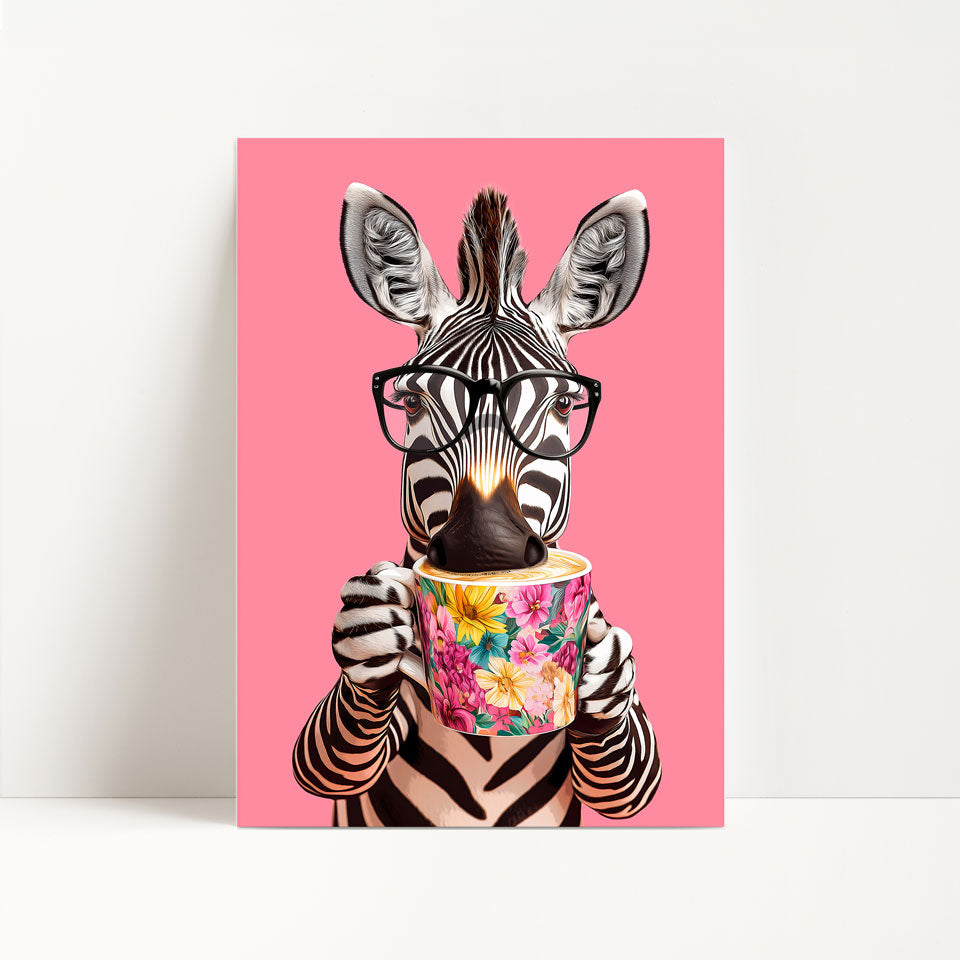 Zebra Drinking Coffee Print
