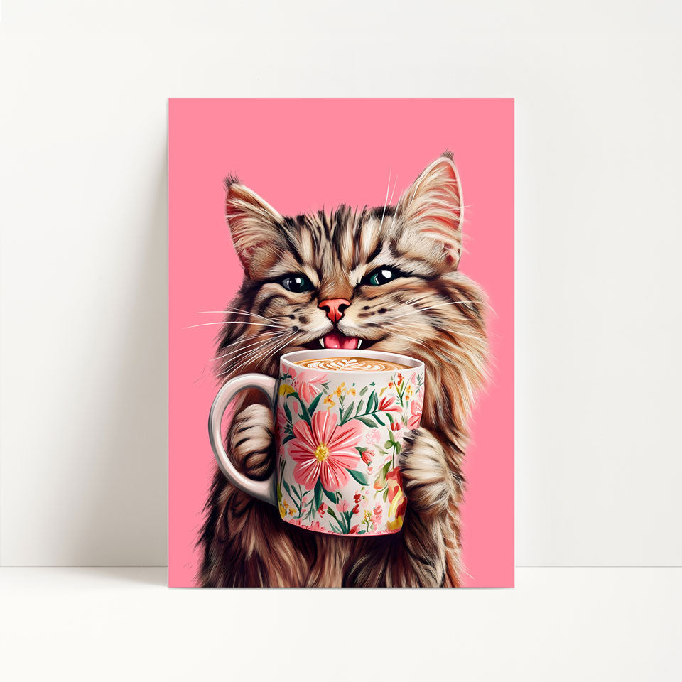 Tabby Cat Drinking Coffee Print