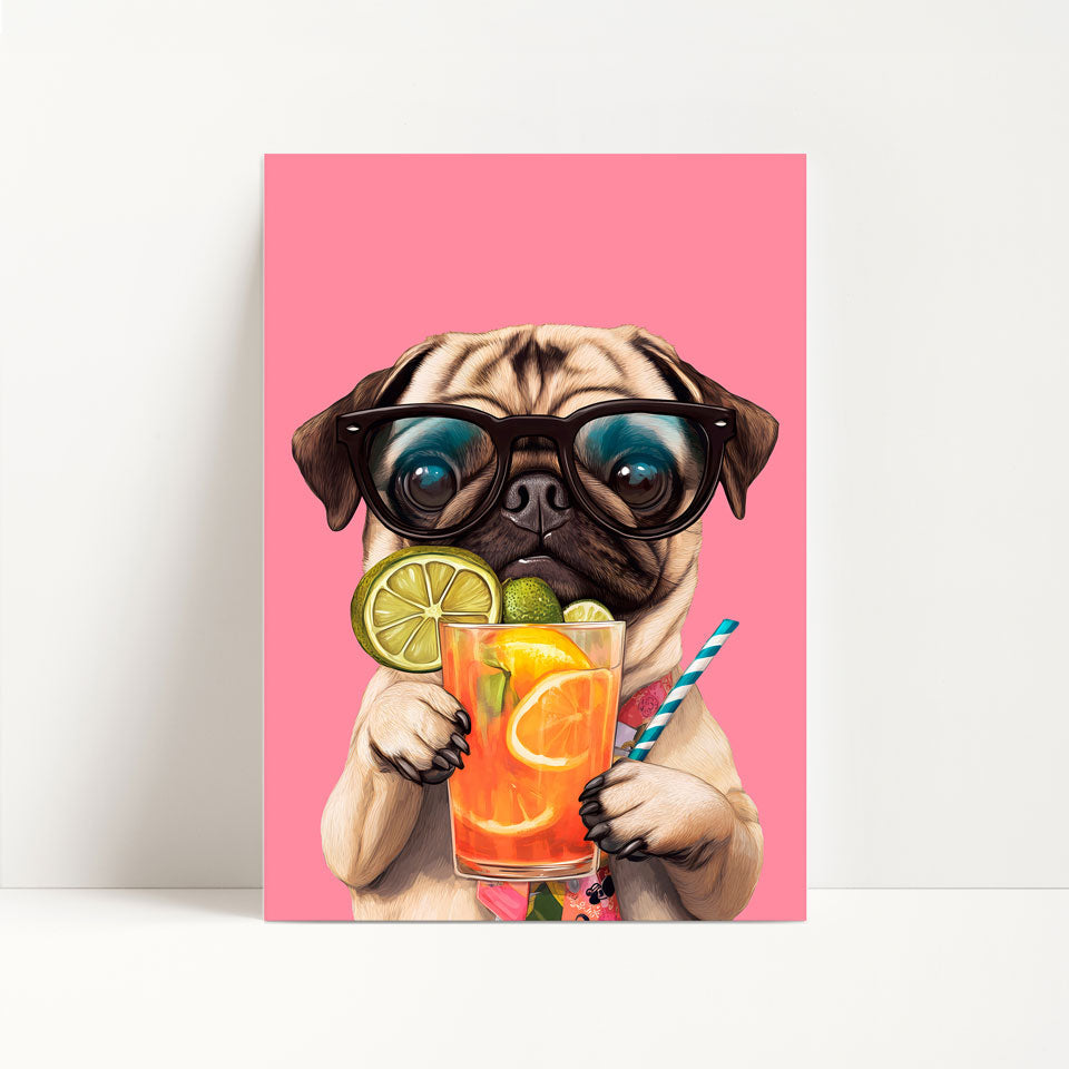Pug Drinking Cocktail Print