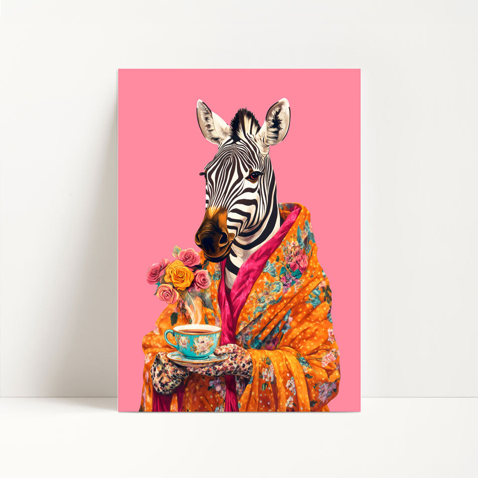 Zebra Drinking Tea Print