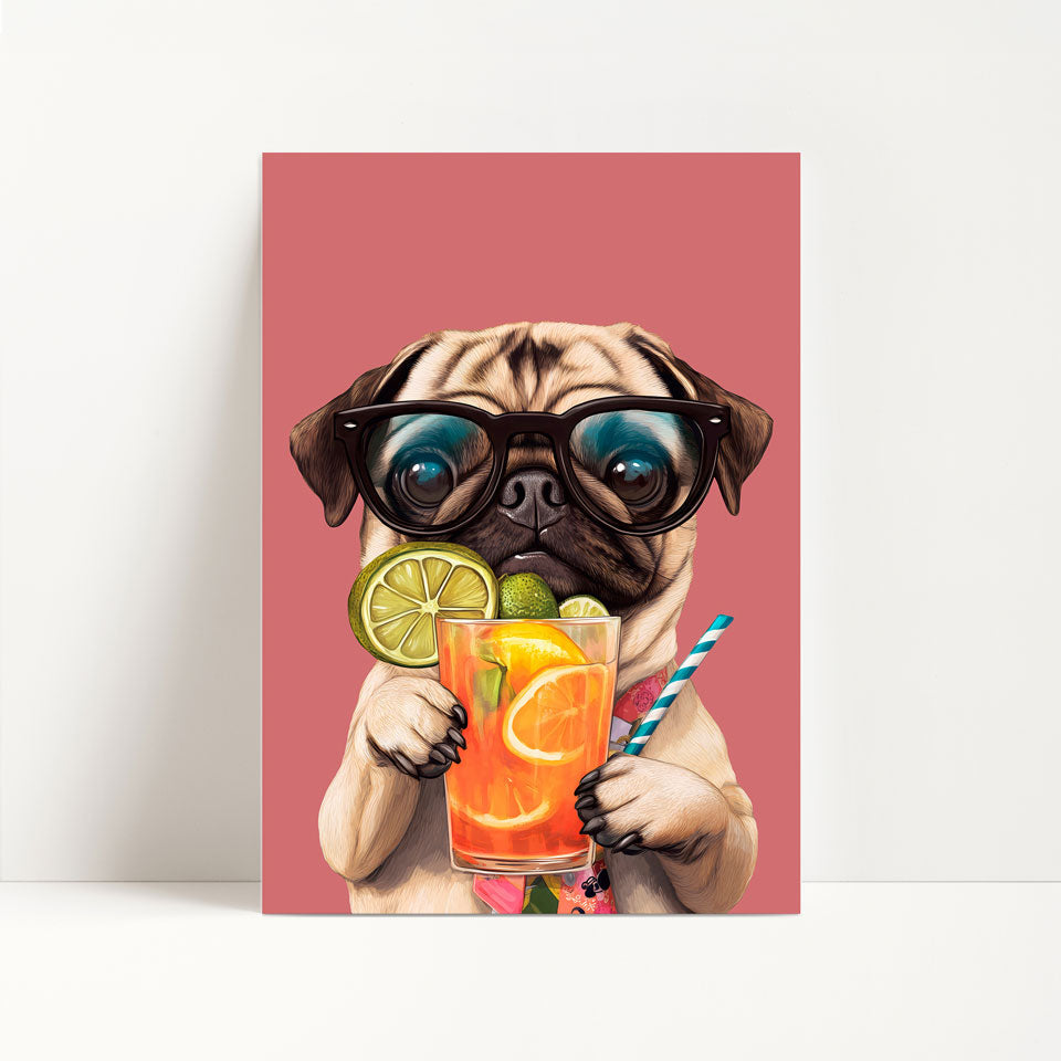 Pug Drinking Cocktail Print