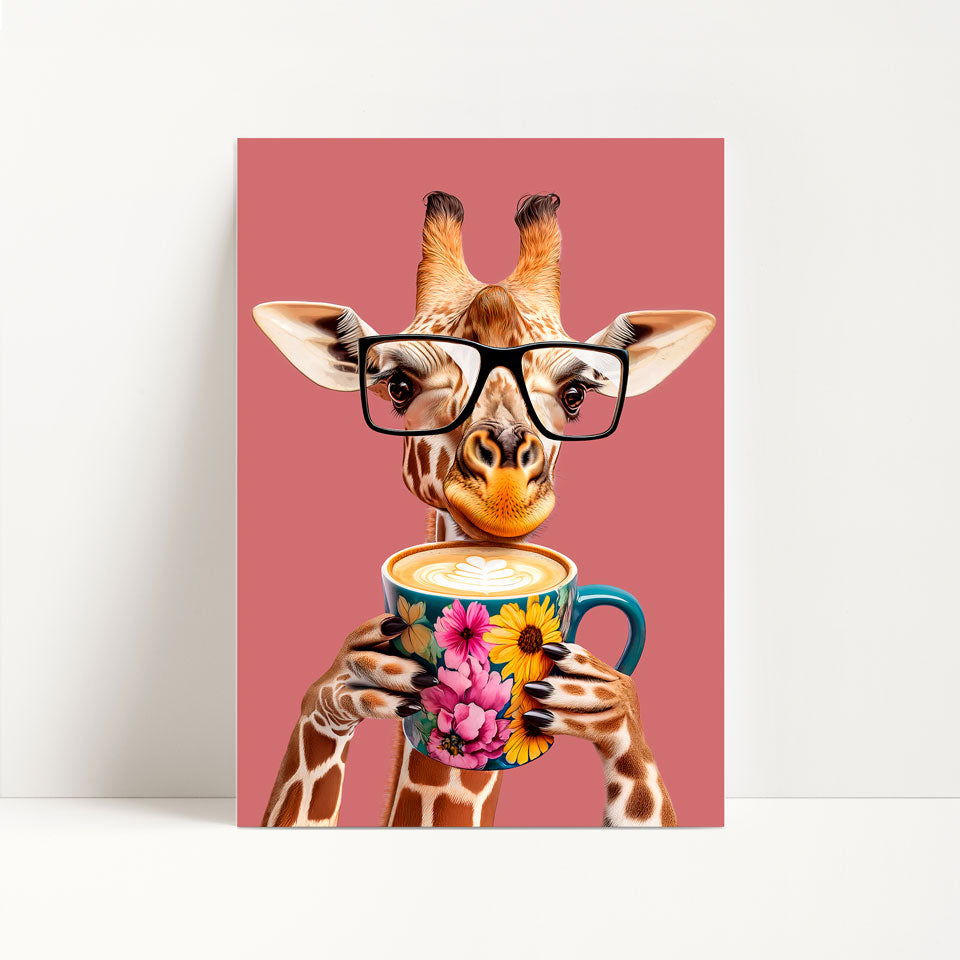 Giraffe Drinking Coffee Kitchen Print