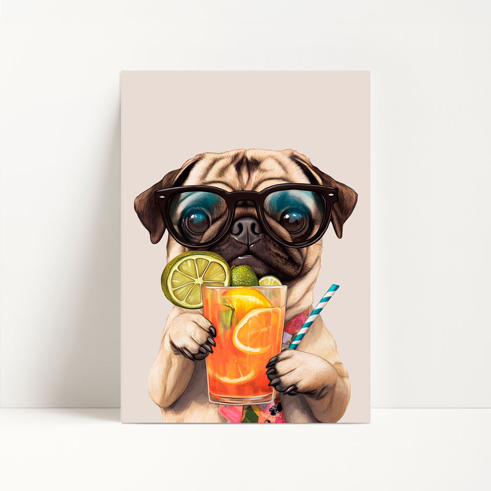 Pug Drinking Cocktail Print