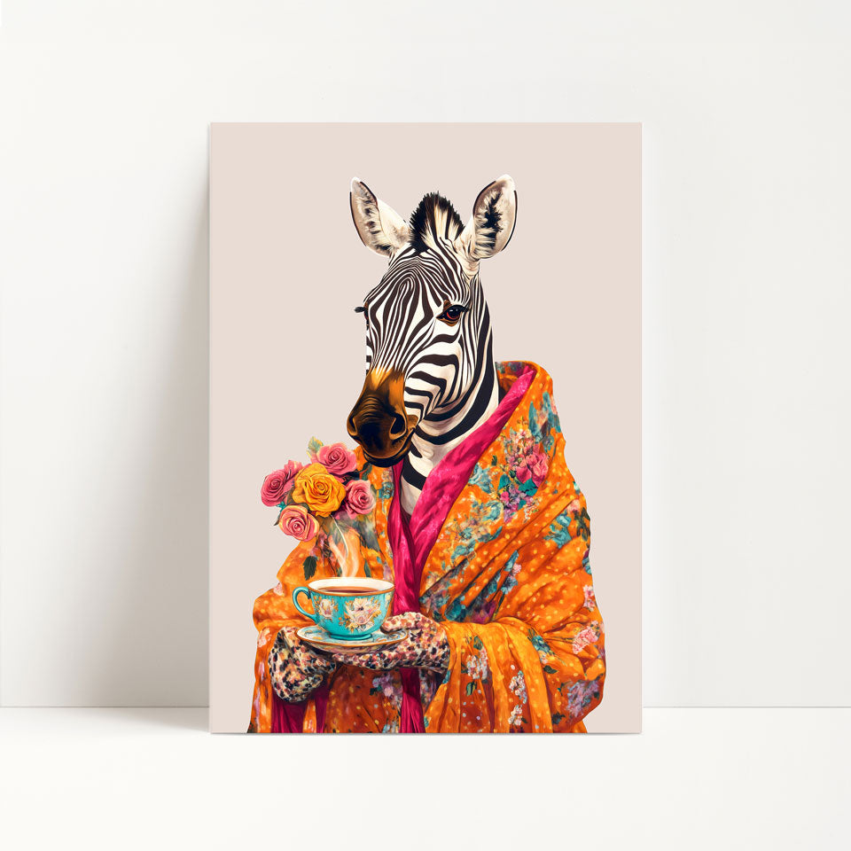 Zebra Drinking Tea Print
