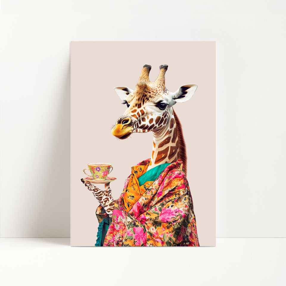 Giraffe Drinking Tea Maximalist Print