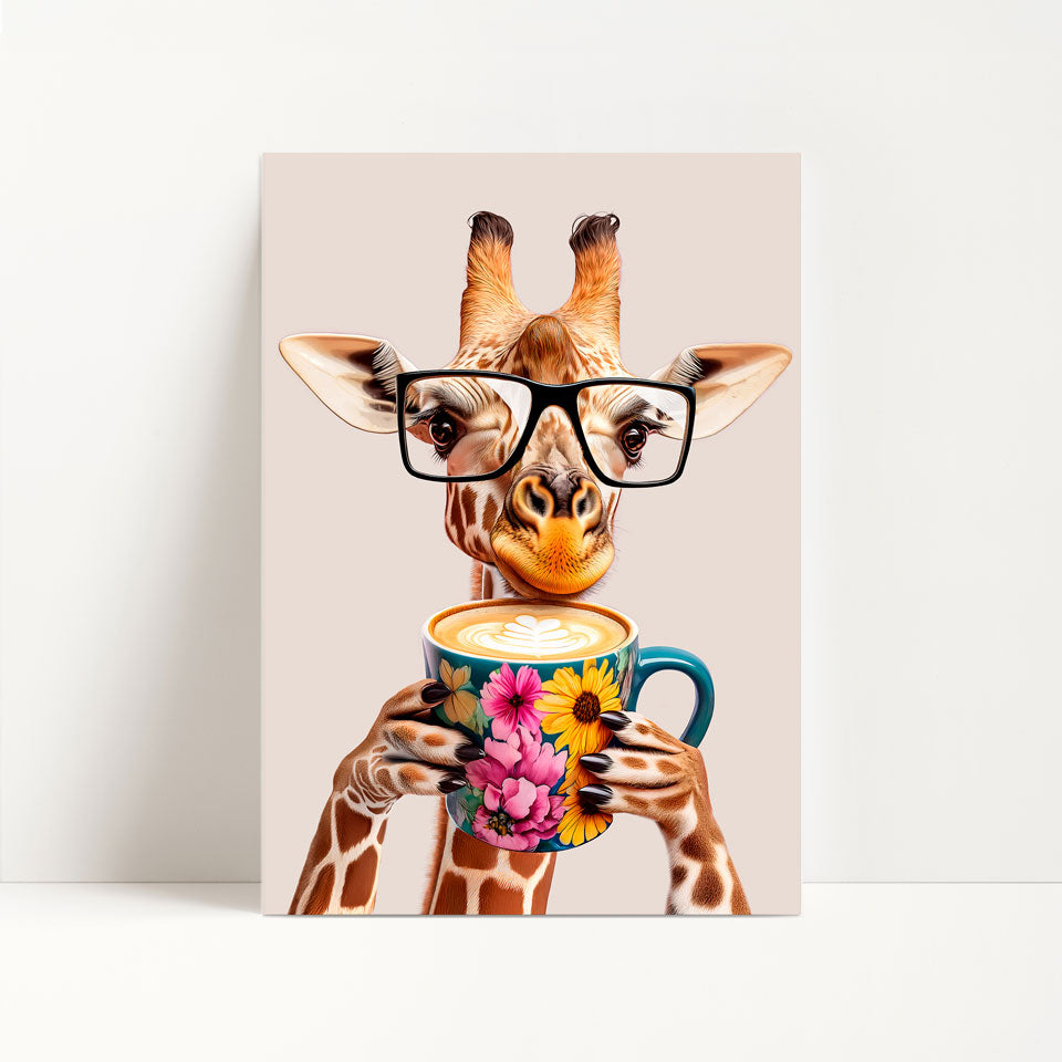 Giraffe Drinking Coffee Kitchen Print