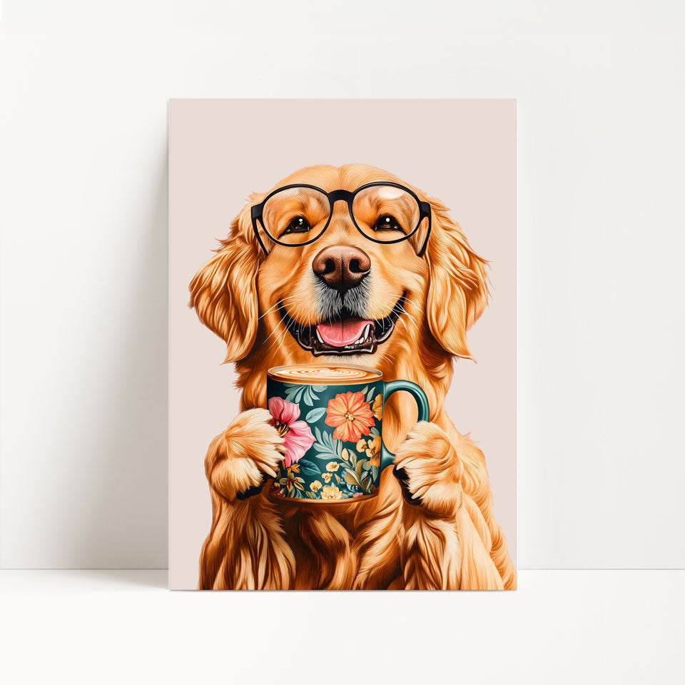 Golden Retriever Drinking Coffee Print