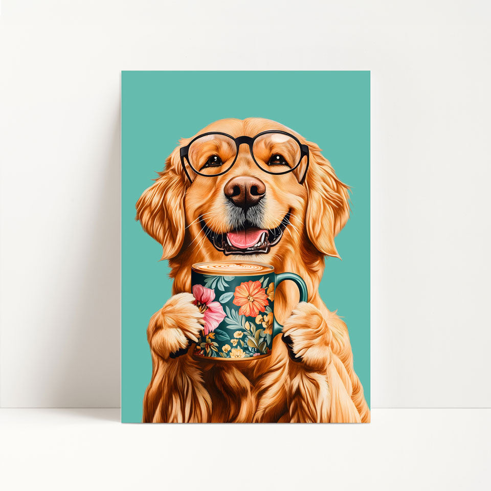 Golden Retriever Drinking Coffee Print