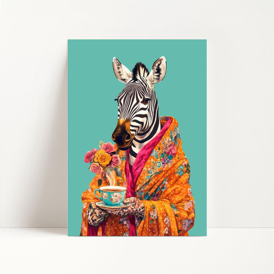 Zebra Drinking Tea Print