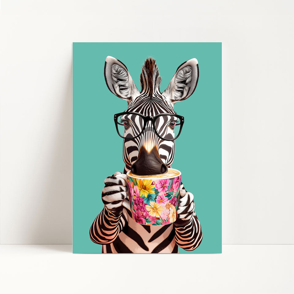 Zebra Drinking Coffee Print