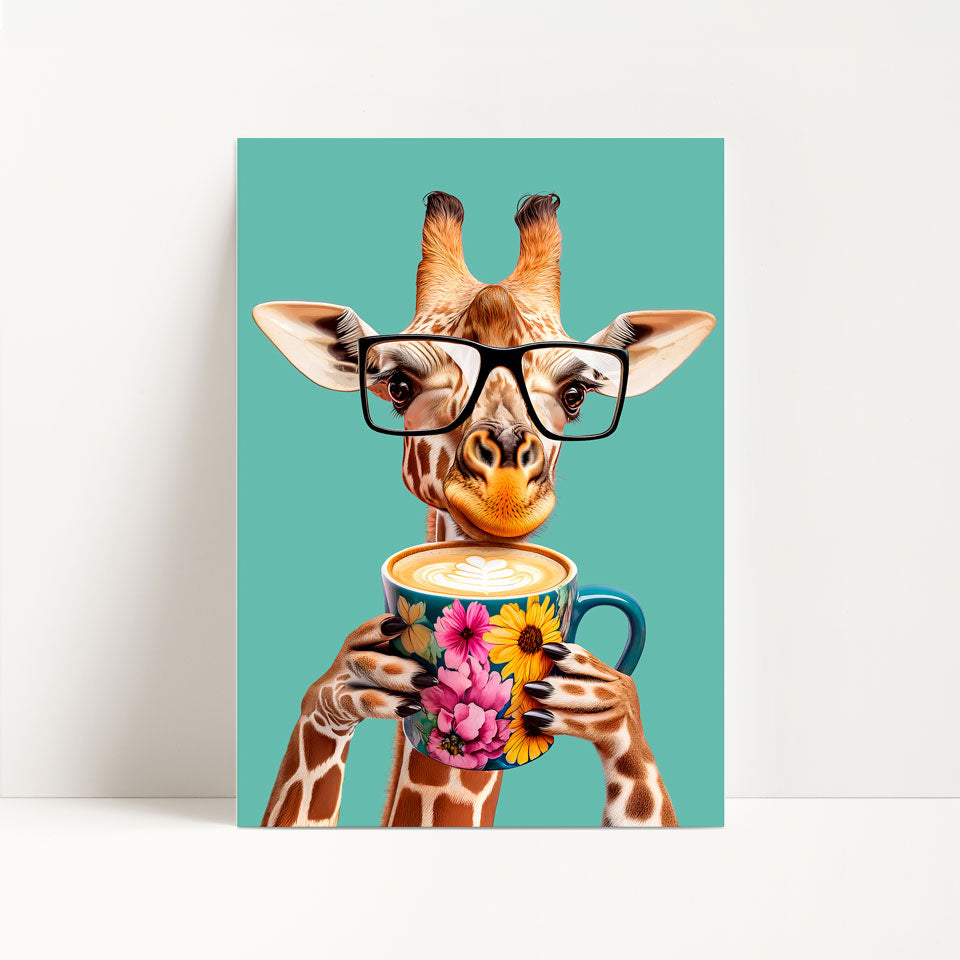 Giraffe Drinking Coffee Kitchen Print