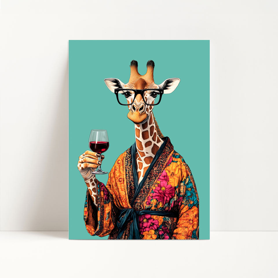 Giraffe Drinking Wine Print