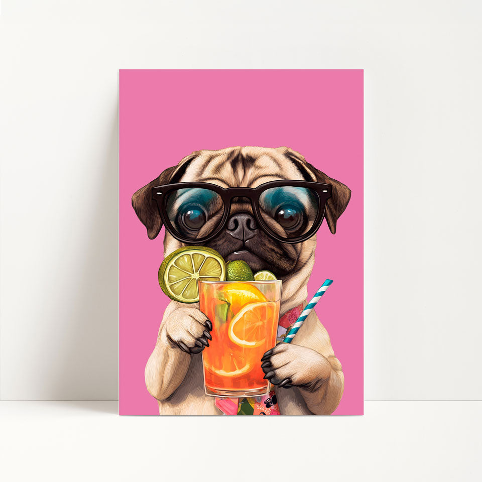 Pug Drinking Cocktail Print