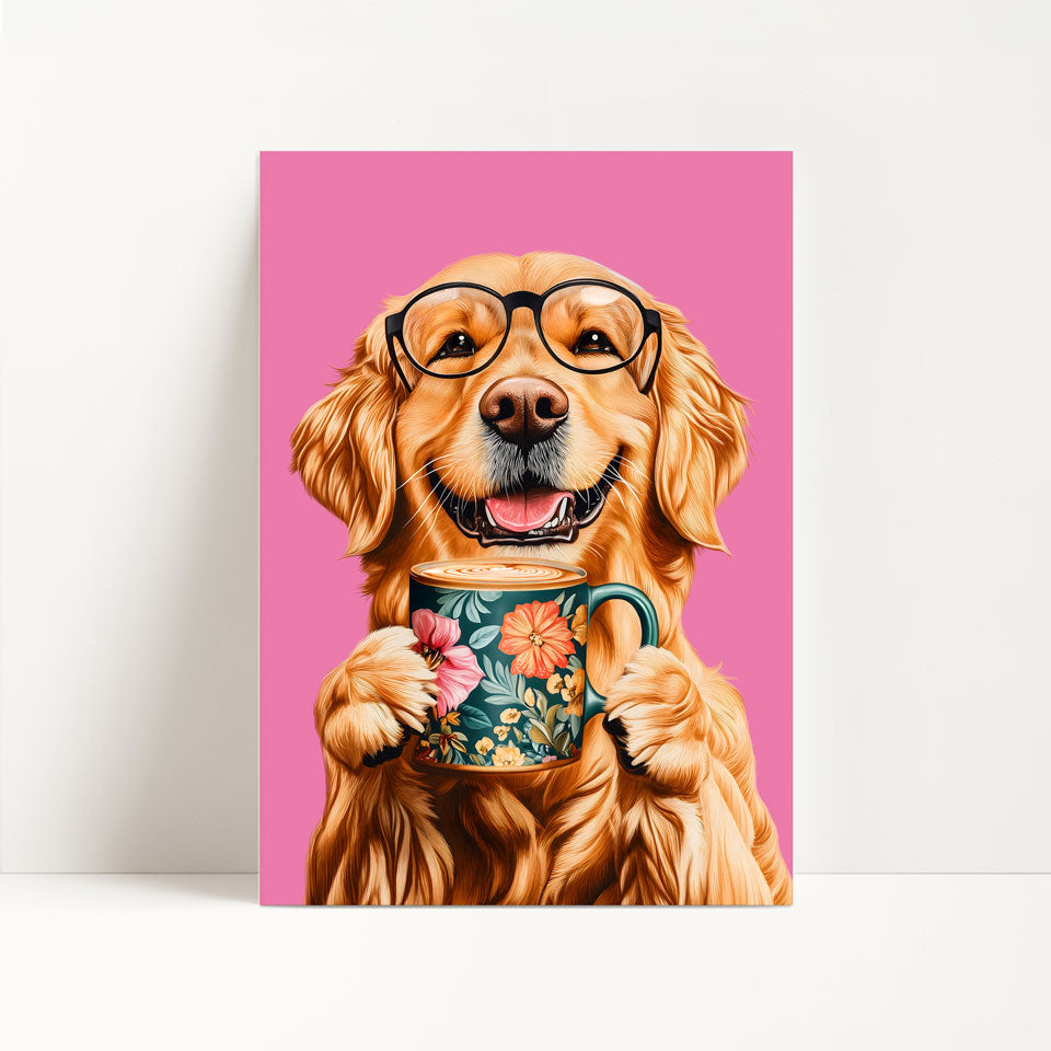 Golden Retriever Drinking Coffee Print