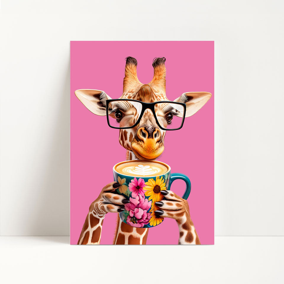 Giraffe Drinking Coffee Kitchen Print