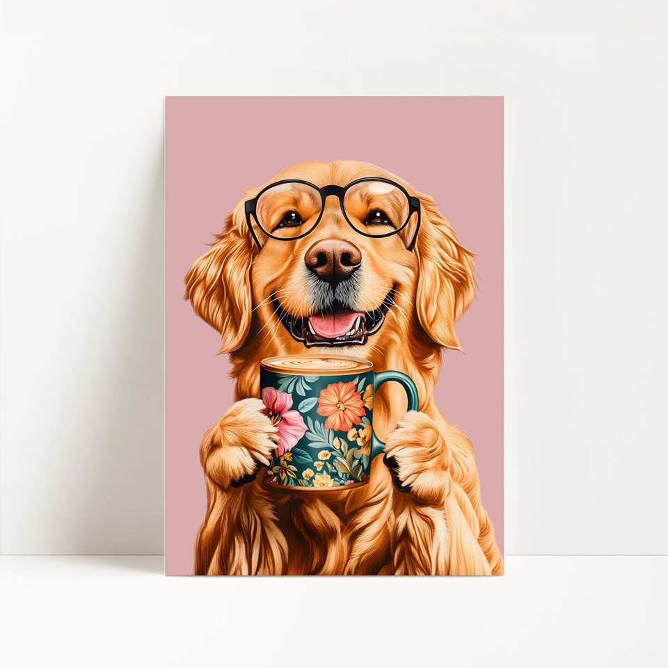 Golden Retriever Drinking Coffee Print