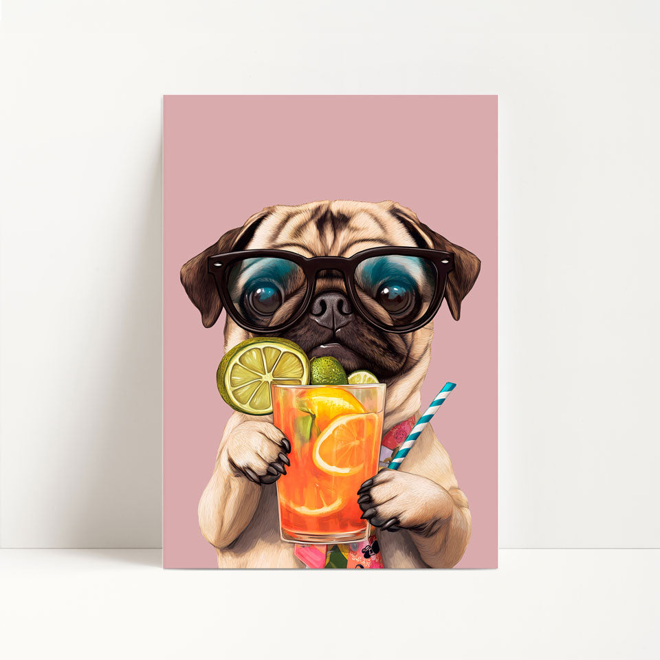 Pug Drinking Cocktail Print