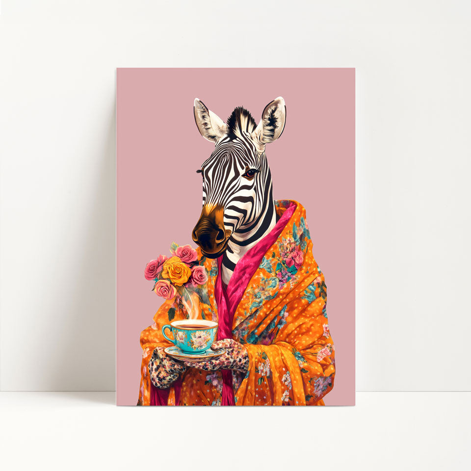 Zebra Drinking Tea Print
