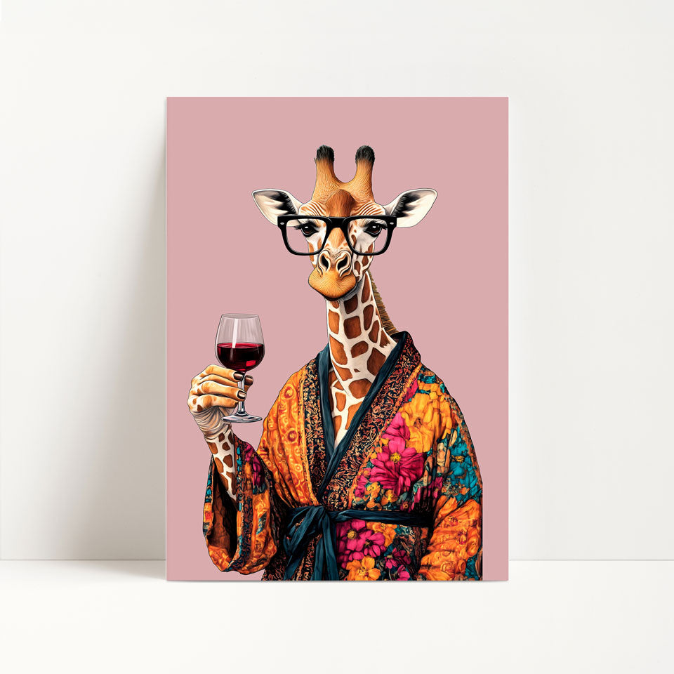 Giraffe Drinking Wine Print
