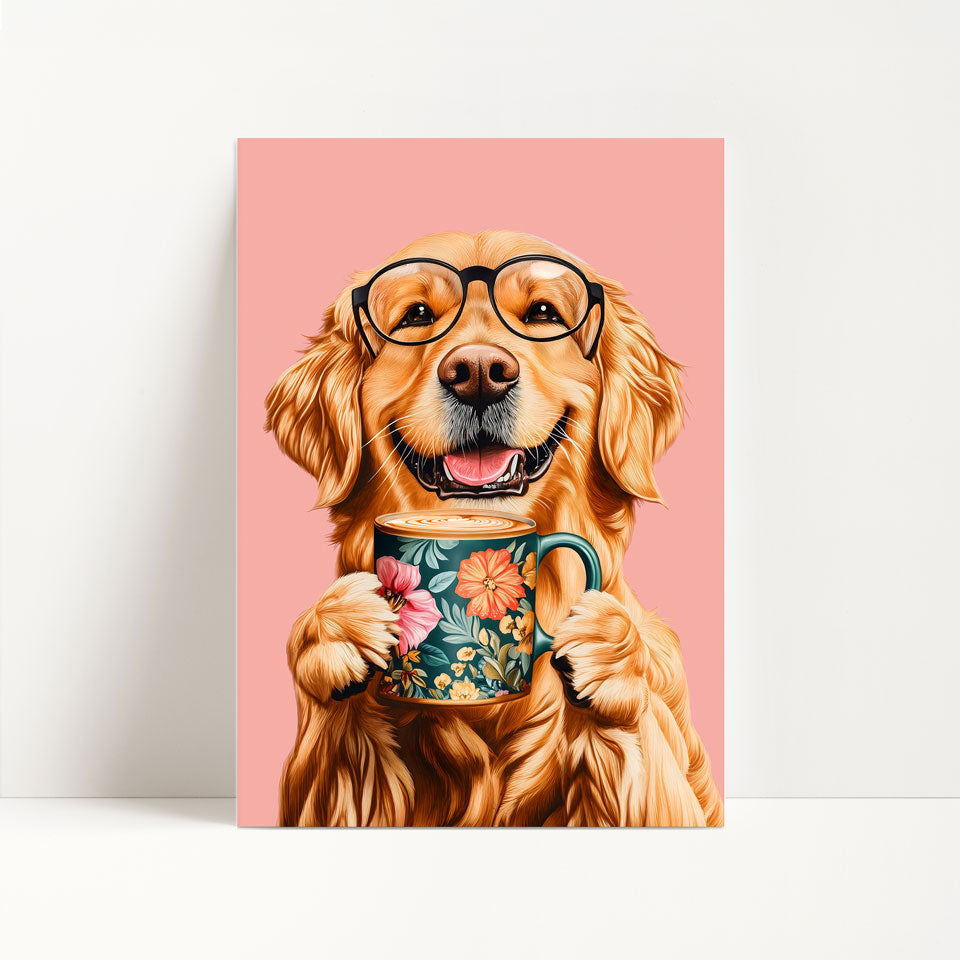 Golden Retriever Drinking Coffee Print