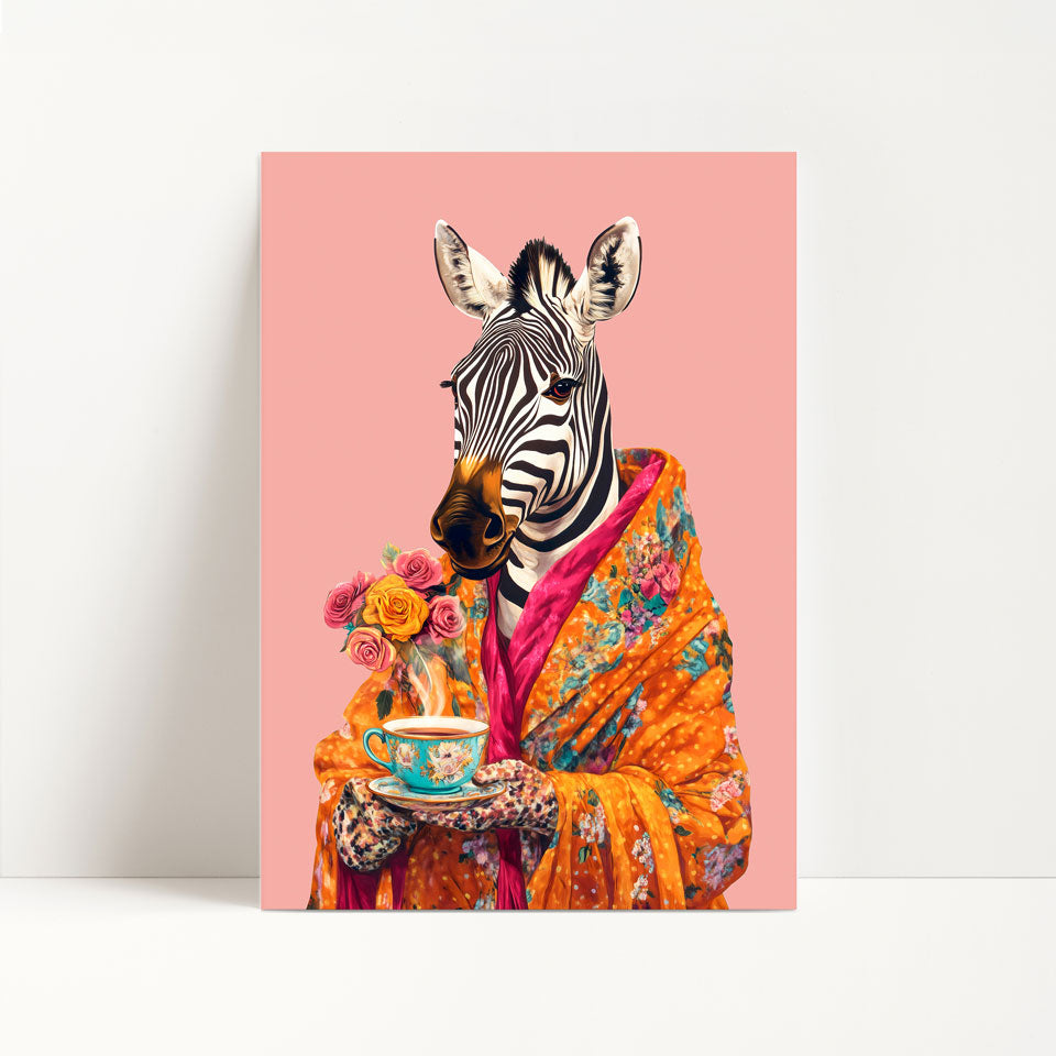 Zebra Drinking Tea Print