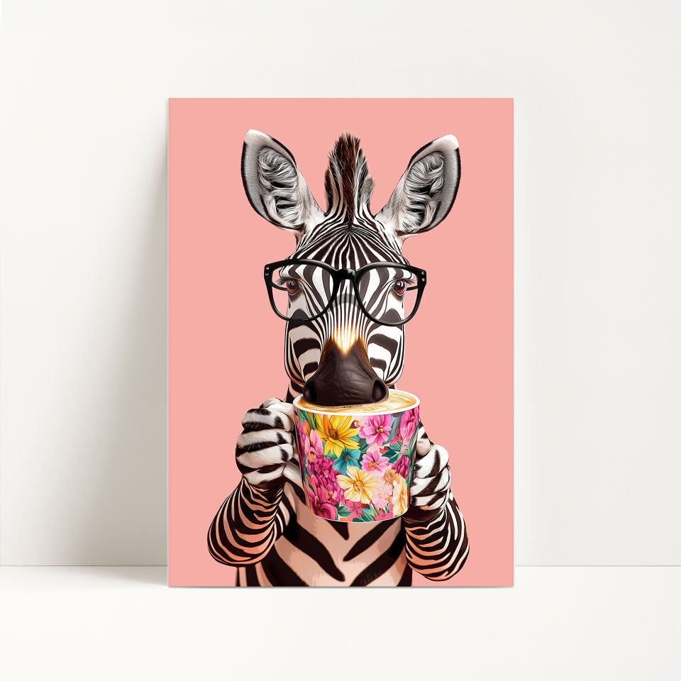 Zebra Drinking Coffee Print
