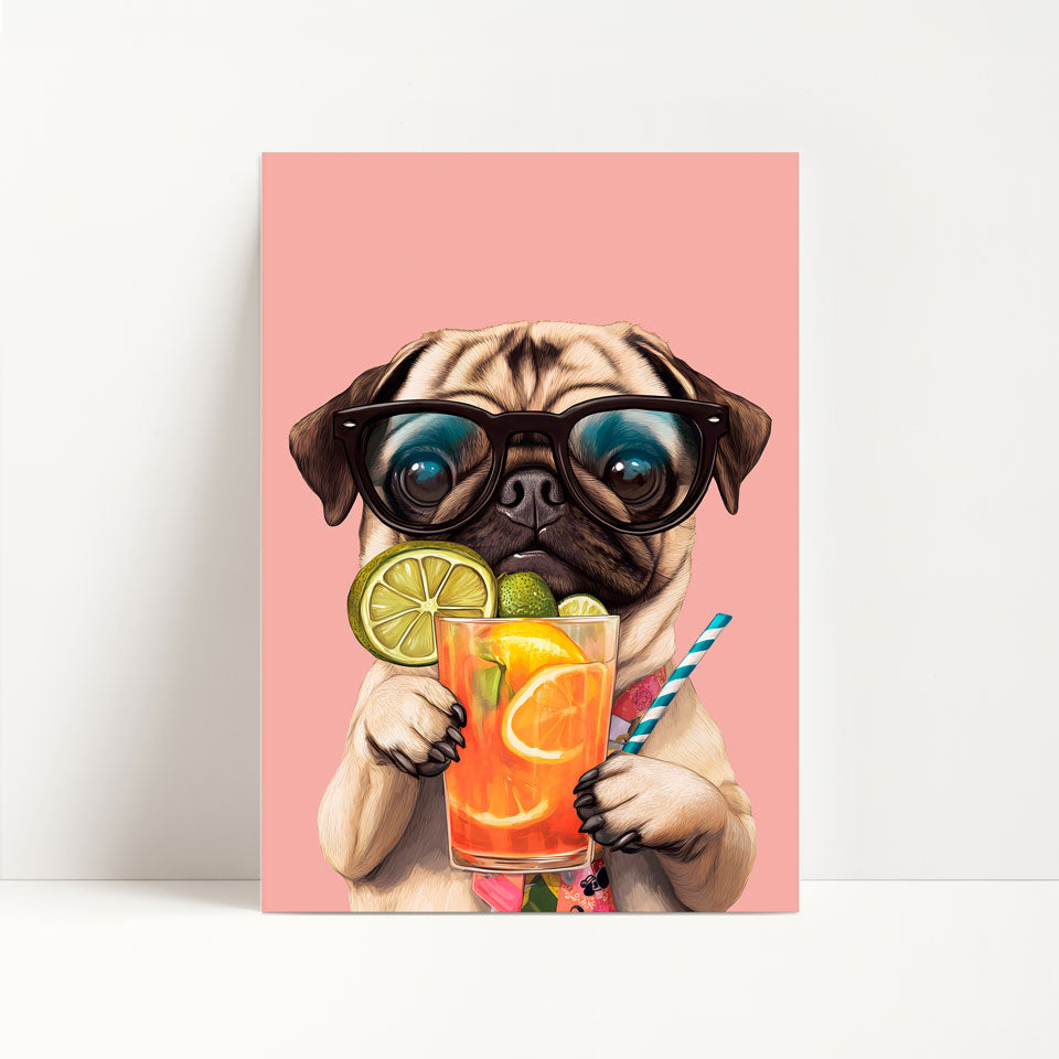 Pug Drinking Cocktail Print