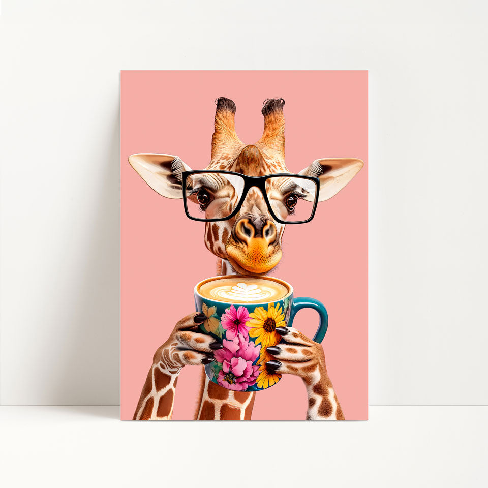 Giraffe Drinking Coffee Kitchen Print