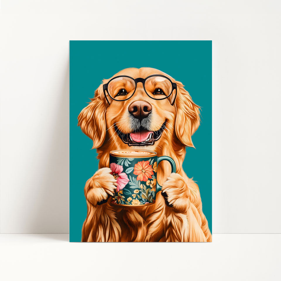 Golden Retriever Drinking Coffee Print