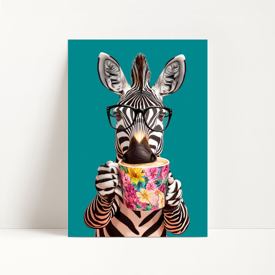Zebra Drinking Coffee Print