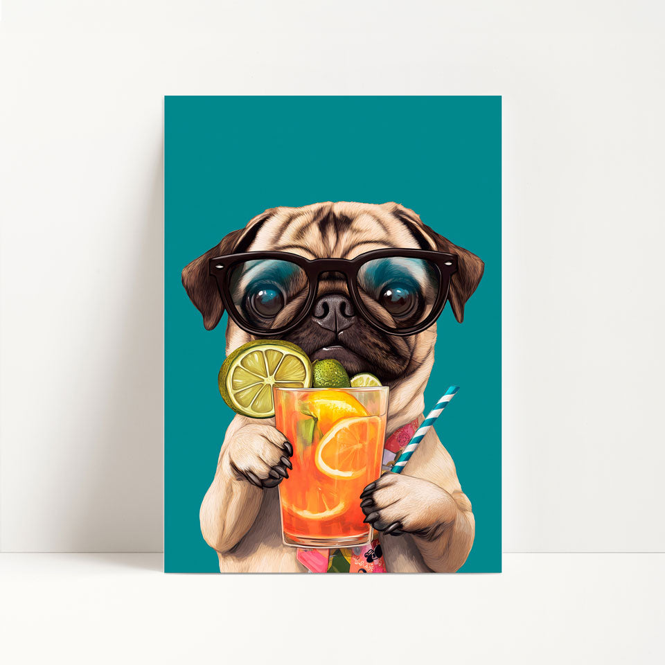 Pug Drinking Cocktail Print